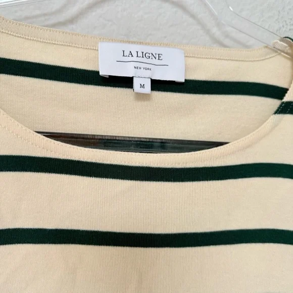 LA LIGNE Long Sleeve Breton Tee Shirt Ecru Cream Green Striped Size Medium - Picture 5 of 6